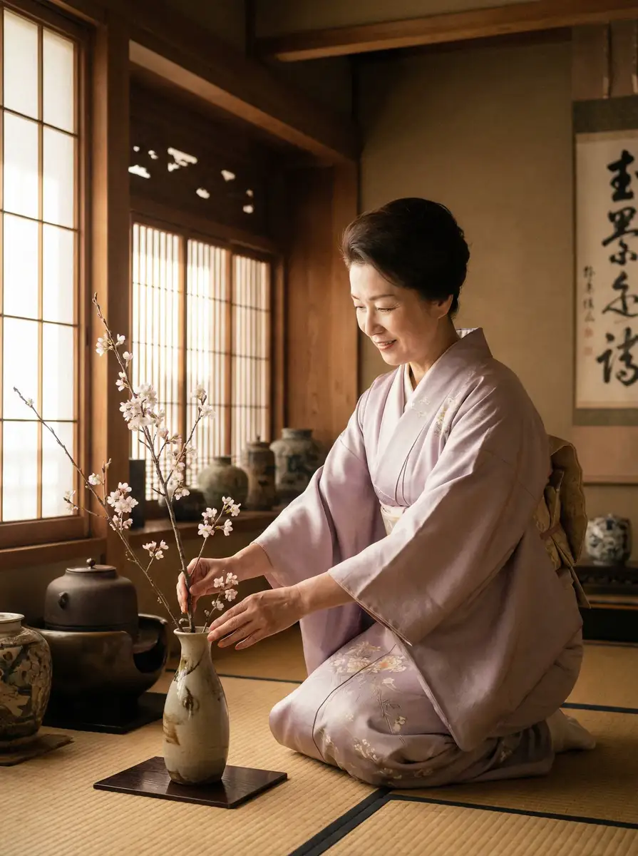 一位优雅的 翁熄止痒婉艳隔壁老李头 在和室中插花